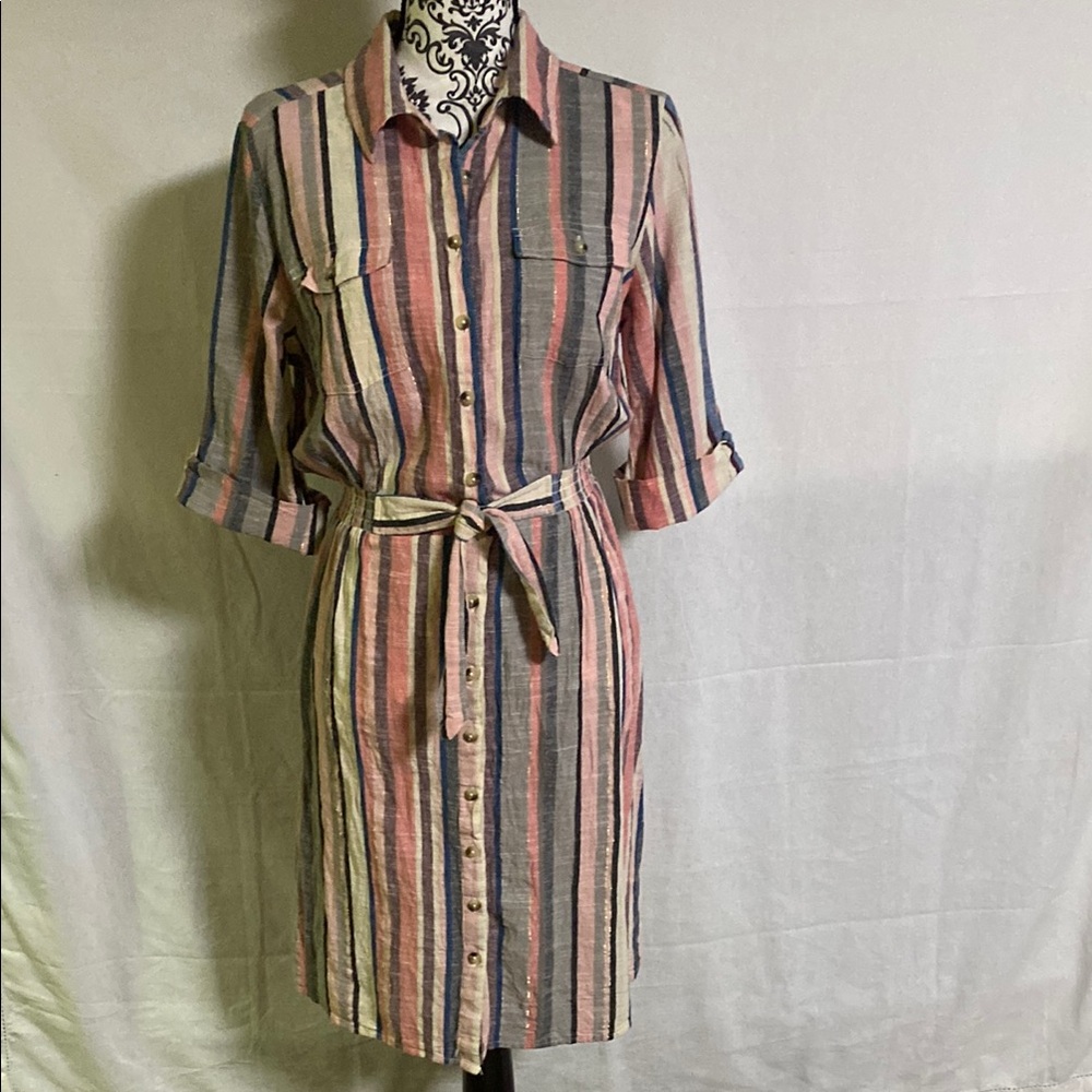 Millenium Cotton Striped Button-Down Shirt Belted Dress Elastic Waist EUC